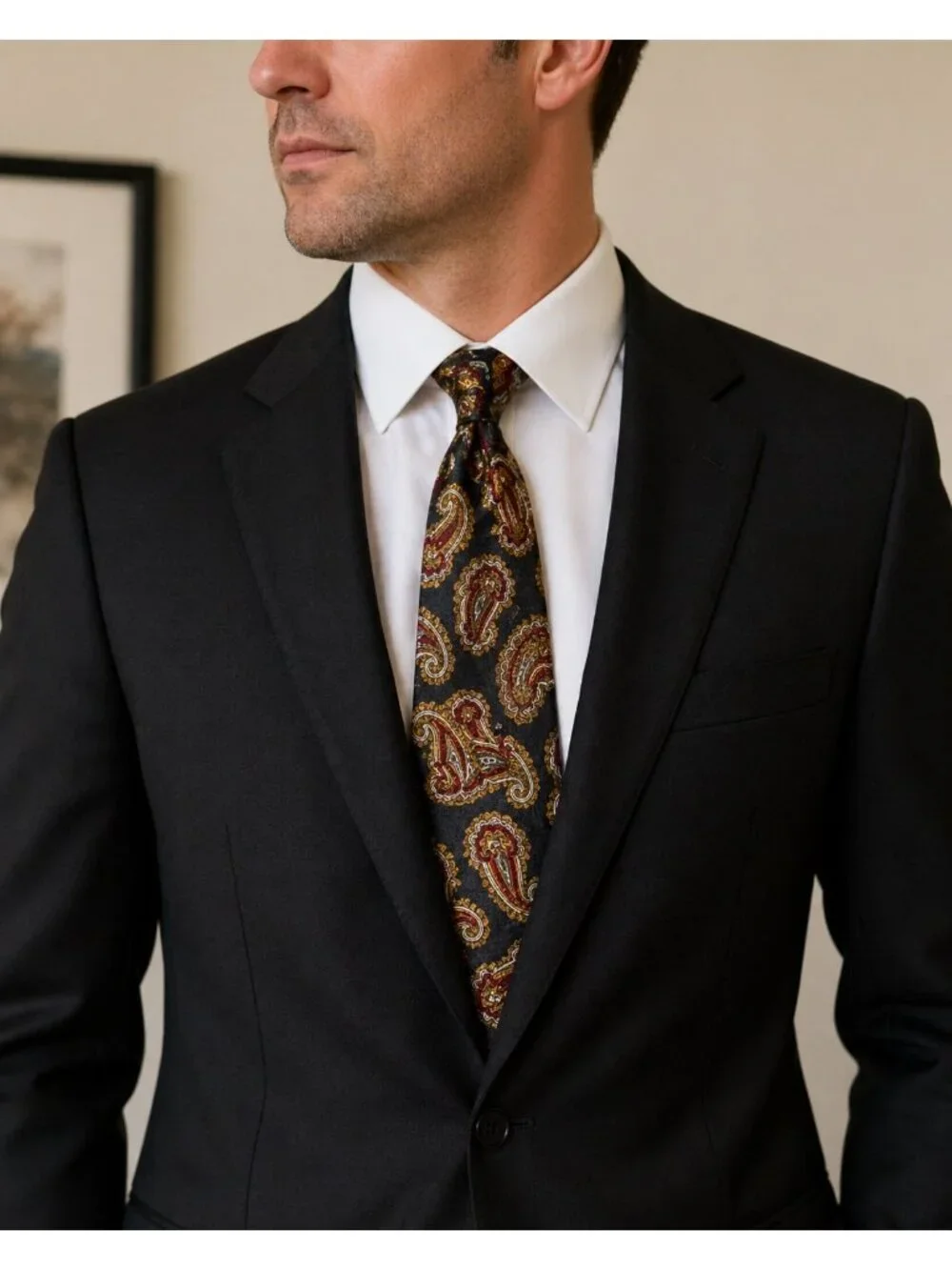 Johnny Carson Mens Silk Tie Paisley Black Gold Red Made in USA Vintage